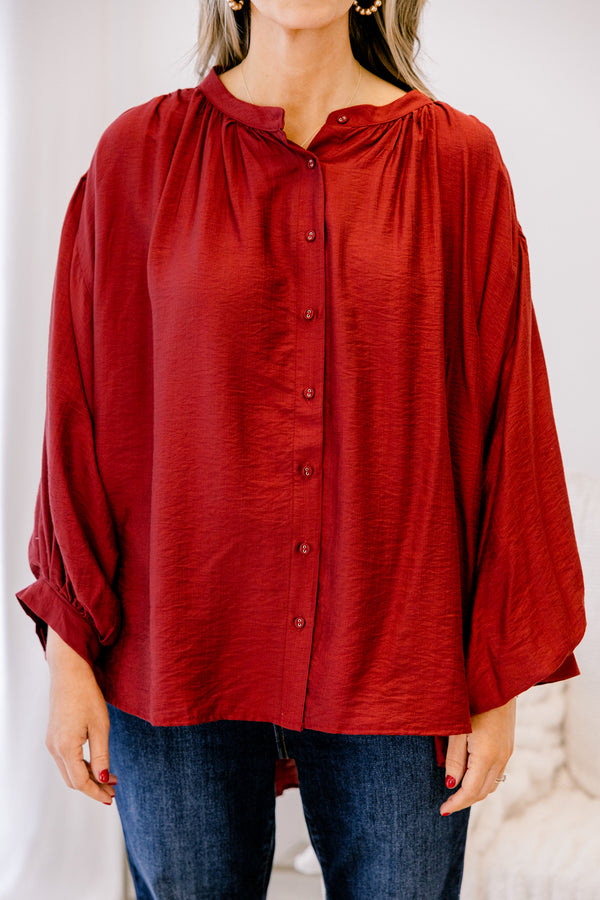 Chic Soul plus size clothing, dark red long sleeve flowy button up tunic with balloon sleeves