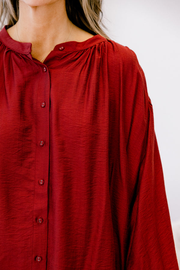 Chic Soul plus size clothing, dark red long sleeve flowy button up tunic with balloon sleeves