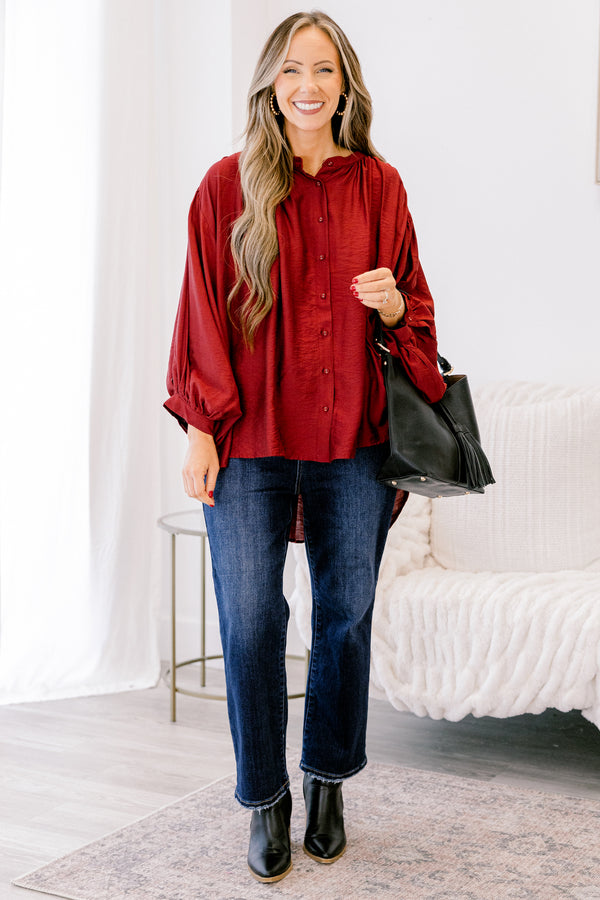 Chic Soul plus size clothing, dark red long sleeve flowy button up tunic with balloon sleeves
