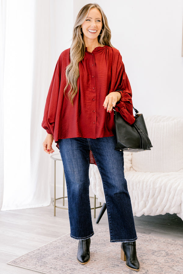 Chic Soul plus size clothing, dark red long sleeve flowy button up tunic with balloon sleeves