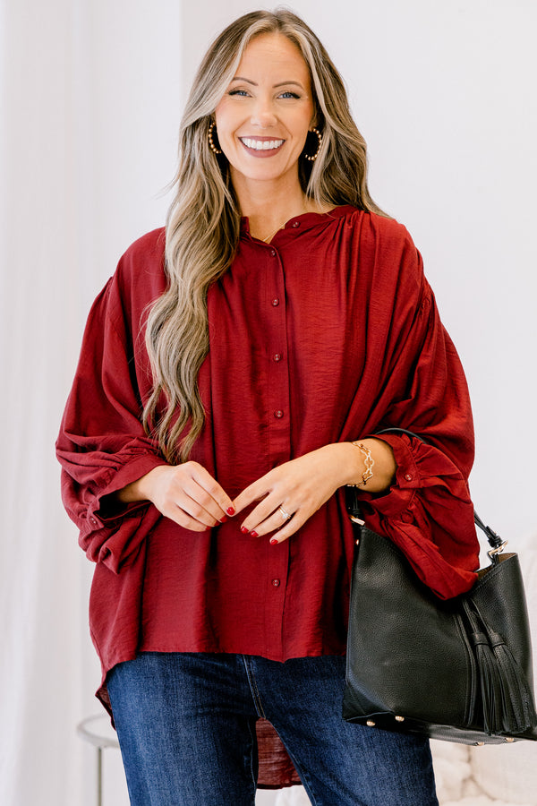 Chic Soul plus size clothing, dark red long sleeve flowy button up tunic with balloon sleeves