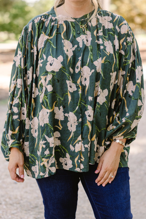 Chic Soul plus size clothing, dark green floral print long puff sleeve button up top
