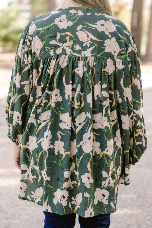 Chic Soul plus size clothing, dark green floral print long puff sleeve button up top