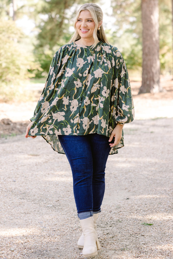 Chic Soul plus size clothing, dark green floral print long puff sleeve button up top