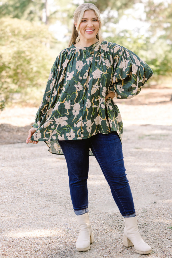 Chic Soul plus size clothing, dark green floral print long puff sleeve button up top