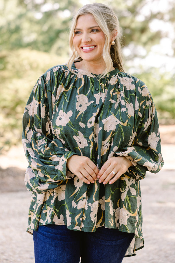 Chic Soul plus size clothing, dark green floral print long puff sleeve button up top