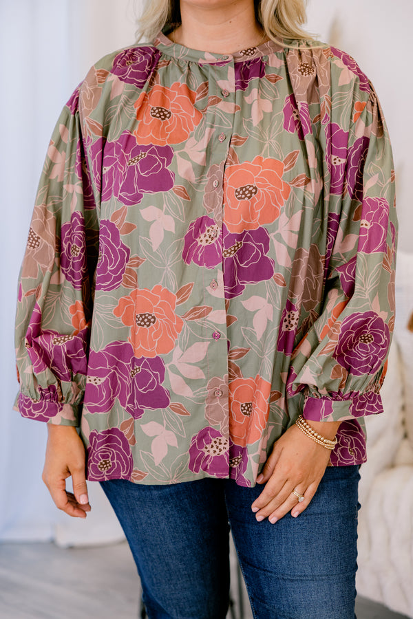 Chic Soul plus size clothing, olive green long sleeve button up top with mixed pink and orange floral print