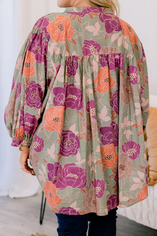 Chic Soul plus size clothing, olive green long sleeve button up top with mixed pink and orange floral print
