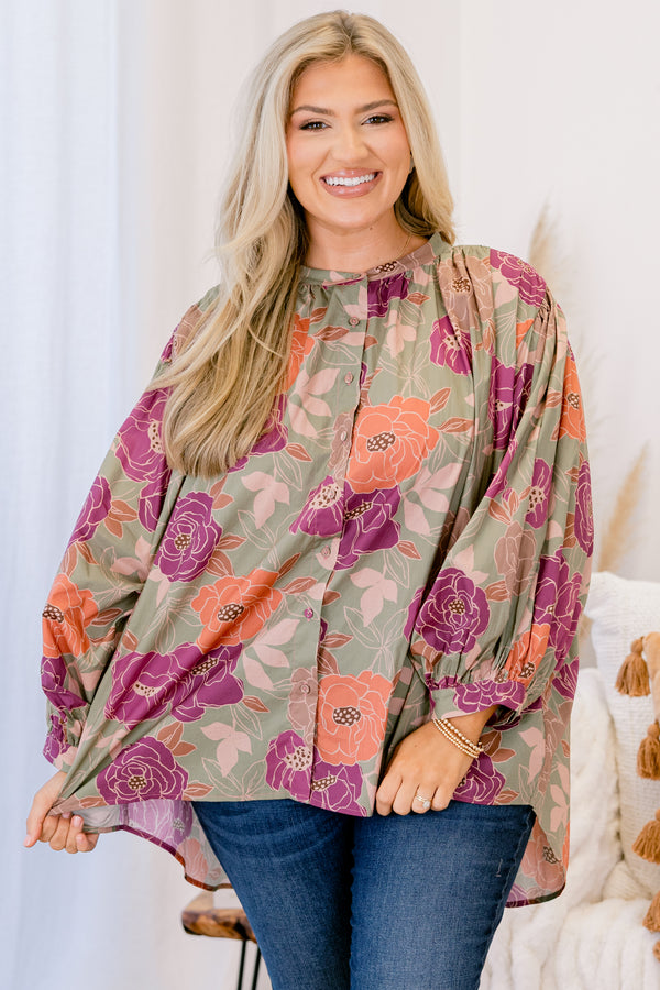 Chic Soul plus size clothing, olive green long sleeve button up top with mixed pink and orange floral print