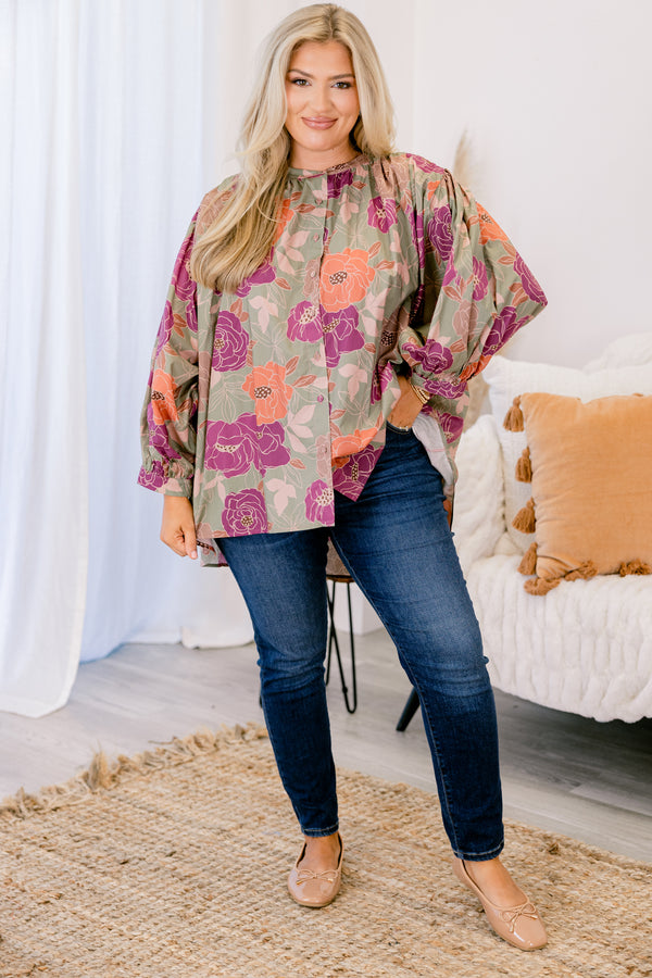 Chic Soul plus size clothing, olive green long sleeve button up top with mixed pink and orange floral print