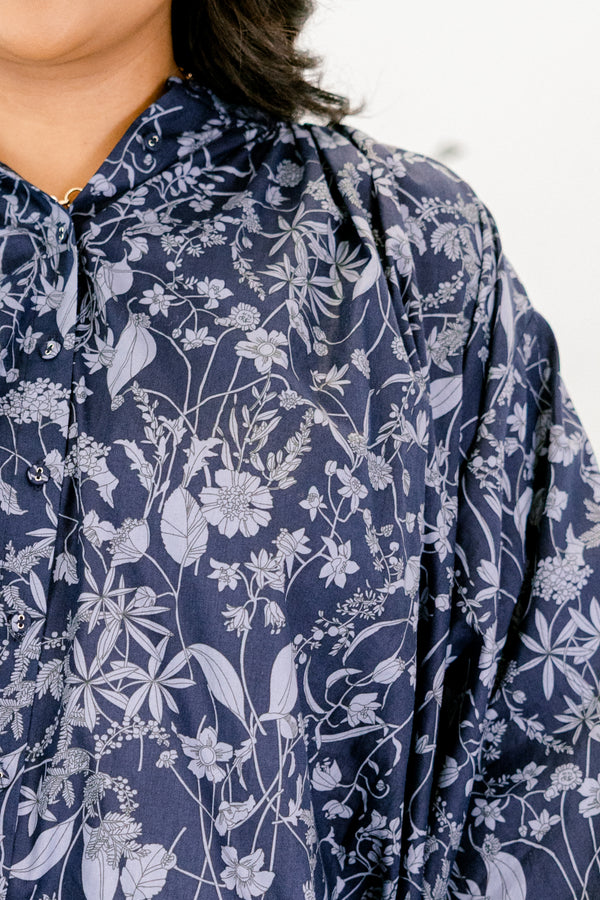 Chic Soul plus size clothing, navy and light blue floral print long puff sleeve top with subtly v neck cutout