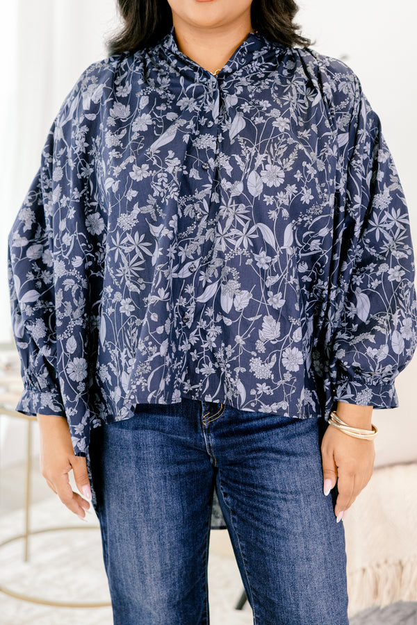 Chic Soul plus size clothing, navy and light blue floral print long puff sleeve top with subtly v neck cutout
