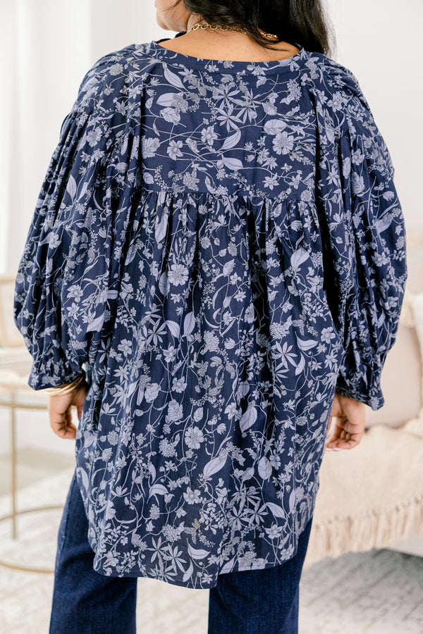 Chic Soul plus size clothing, navy and light blue floral print long puff sleeve top with subtly v neck cutout