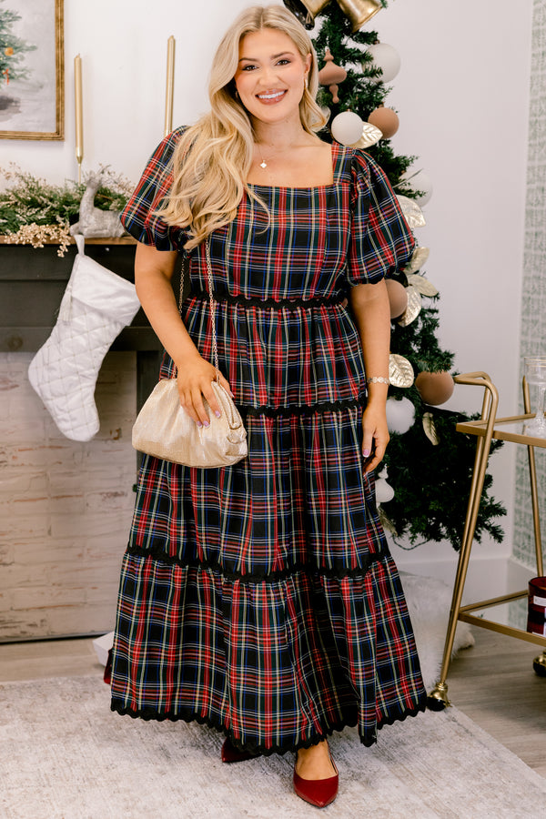 Chic Soul plus size clothing, navy and red tartan plaid puff sleeve square neck tiered maxi dress