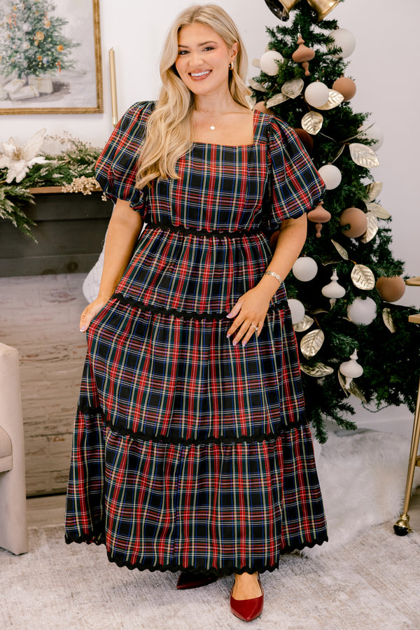 Chic Soul plus size clothing, navy and red tartan plaid puff sleeve square neck tiered maxi dress