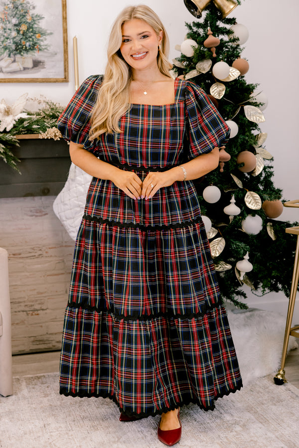 Chic Soul plus size clothing, navy and red tartan plaid puff sleeve square neck tiered maxi dress