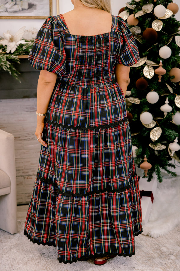 Chic Soul plus size clothing, navy and red tartan plaid puff sleeve square neck tiered maxi dress