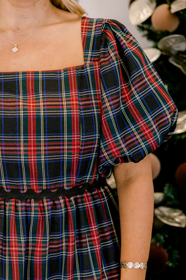 Chic Soul plus size clothing, navy and red tartan plaid puff sleeve square neck tiered maxi dress