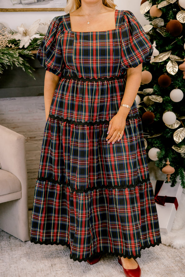 Chic Soul plus size clothing, navy and red tartan plaid puff sleeve square neck tiered maxi dress