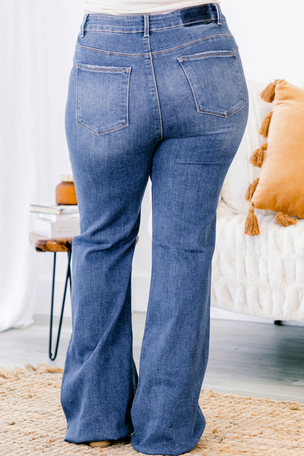 Chic Soul plus size clothing, dark wash flared leg denim jeans with slightly fringed hem