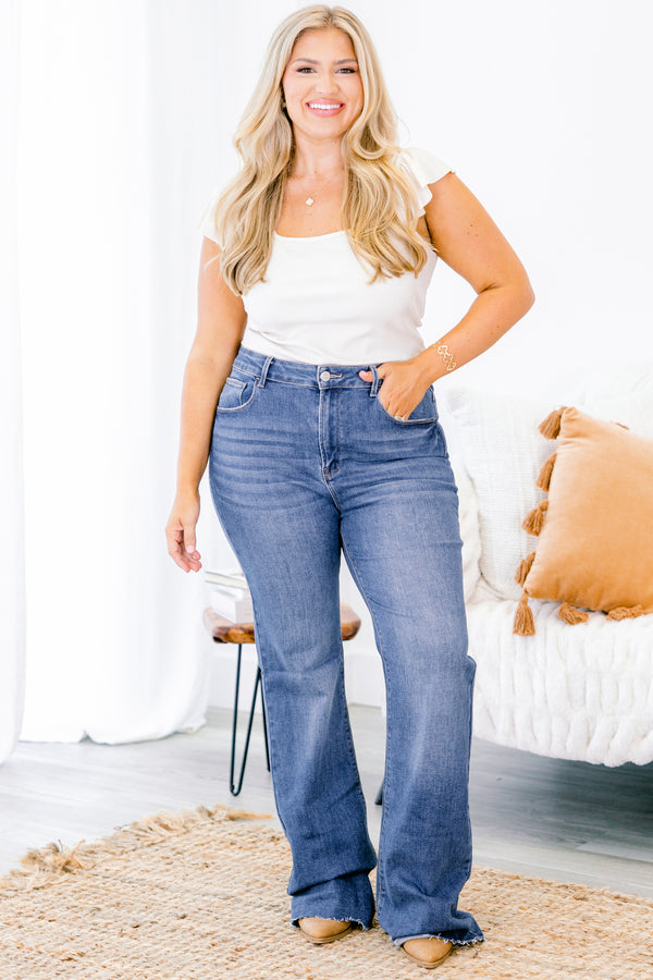 Chic Soul plus size clothing, dark wash flared leg denim jeans with slightly fringed hem
