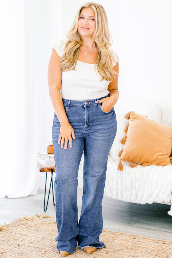 Chic Soul plus size clothing, dark wash flared leg denim jeans with slightly fringed hem