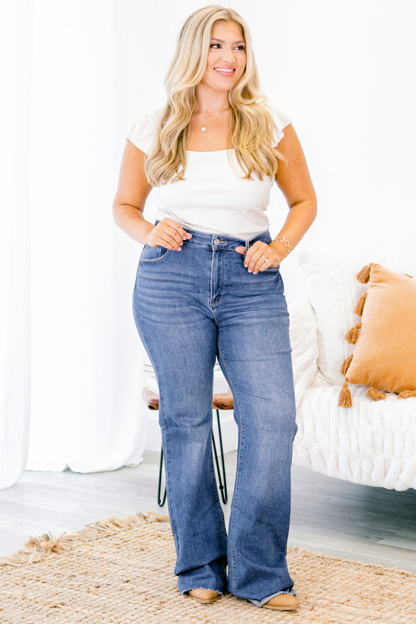 Chic Soul plus size clothing, dark wash flared leg denim jeans with slightly fringed hem