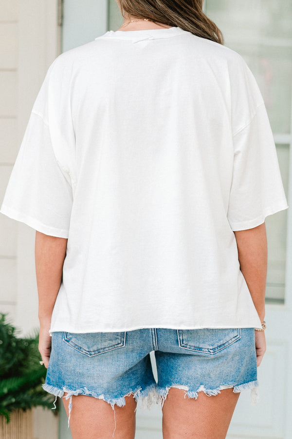 Chic Soul plus size clothing, white vintage washed tee with two American flags in a light blue bow graphic