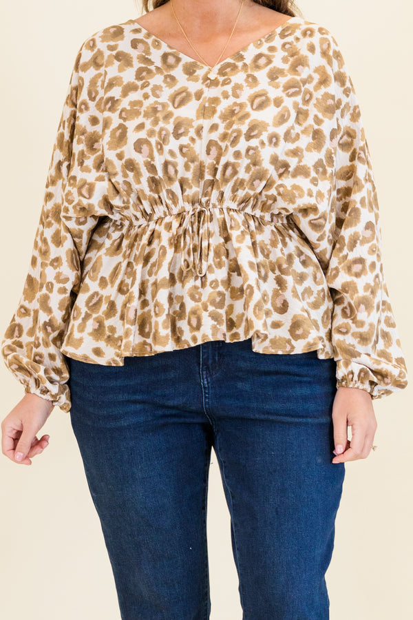 Chic Soul plus size clothing, brown leopard top with long sleeves and a sinched waist that has a bow detail on the center of the waist 