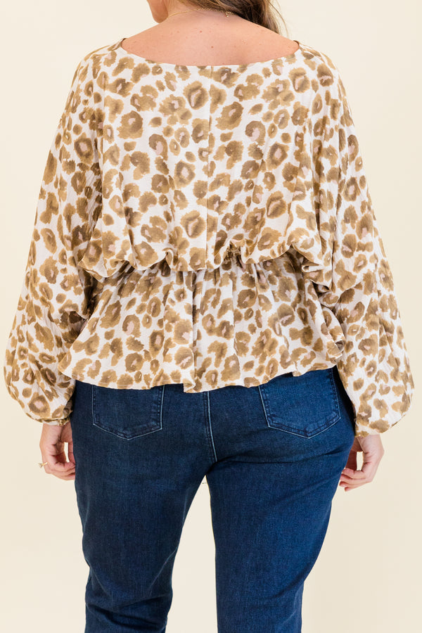 Chic Soul plus size clothing, brown leopard top with long sleeves and a sinched waist that has a bow detail on the center of the waist 