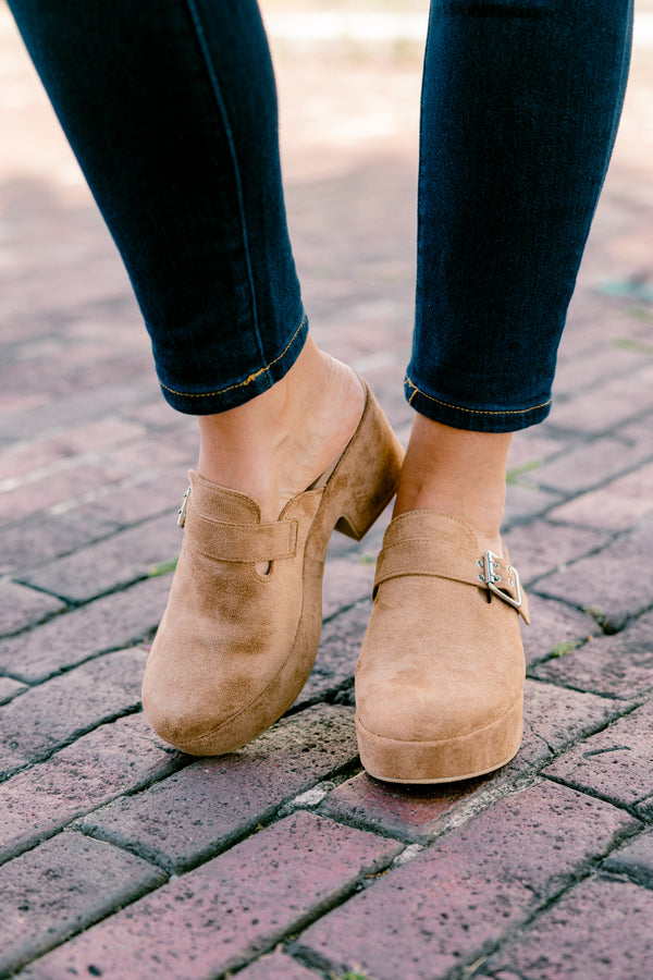 Chic Soul plus size clothing, tabacco colored clogs with a buckle going across the foot 