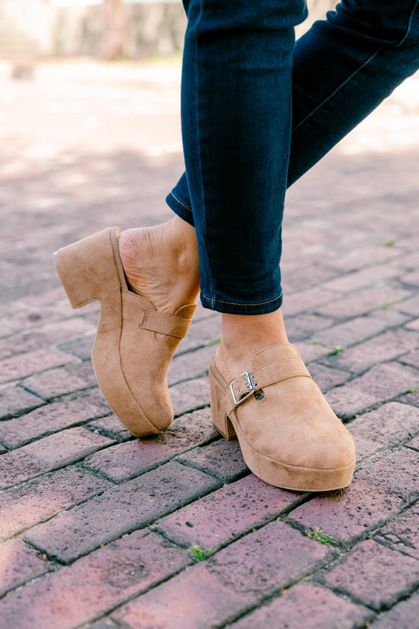 Chic Soul plus size clothing, tabacco colored clogs with a buckle going across the foot 