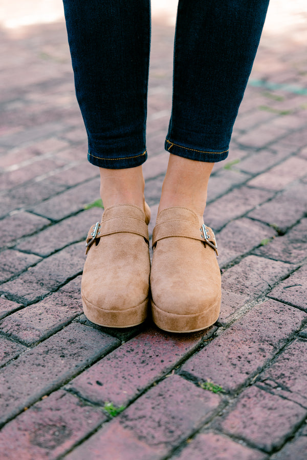 Chic Soul plus size clothing, tabacco colored clogs with a buckle going across the foot 