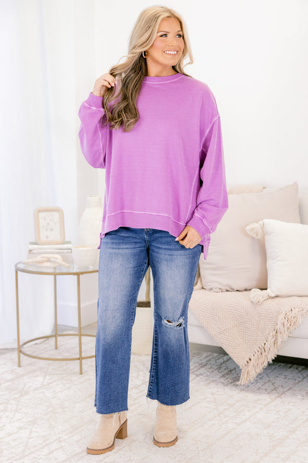 Chic Soul plus size clothing, purple long sleeve pullover with side slits