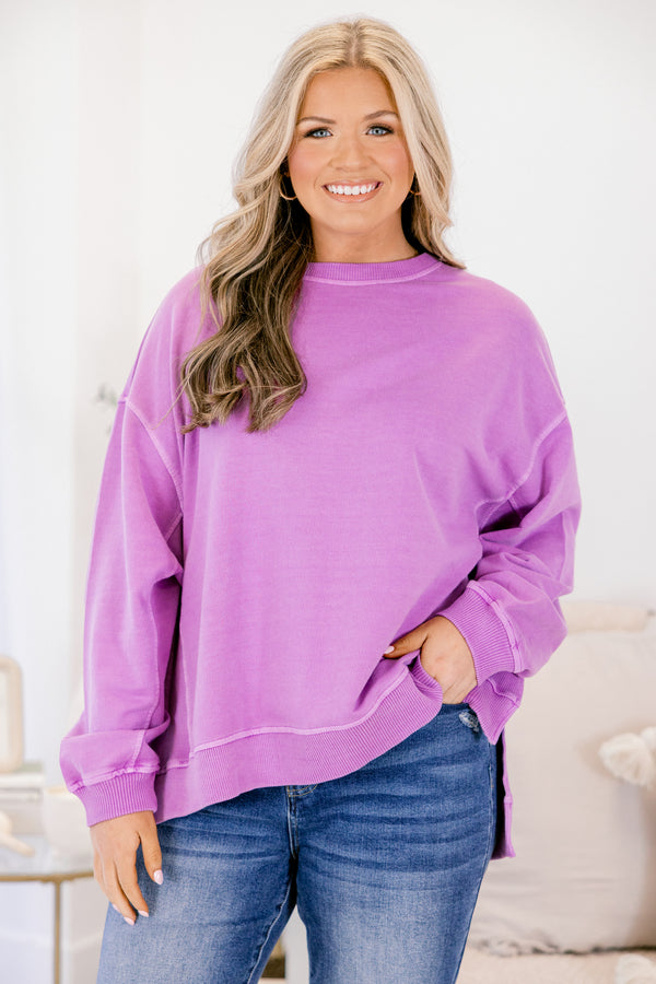 Chic Soul plus size clothing, purple long sleeve pullover with side slits