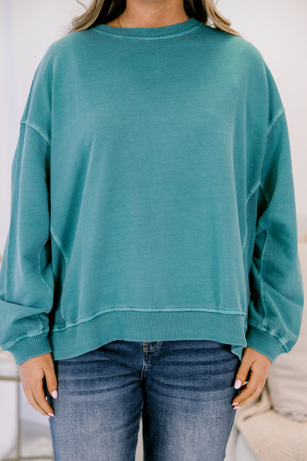 Chic Soul plus size clothing, teal long sleeve pullover with side slits