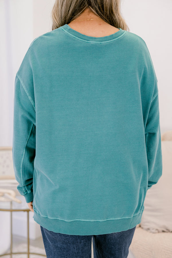 Chic Soul plus size clothing, teal long sleeve pullover with side slits