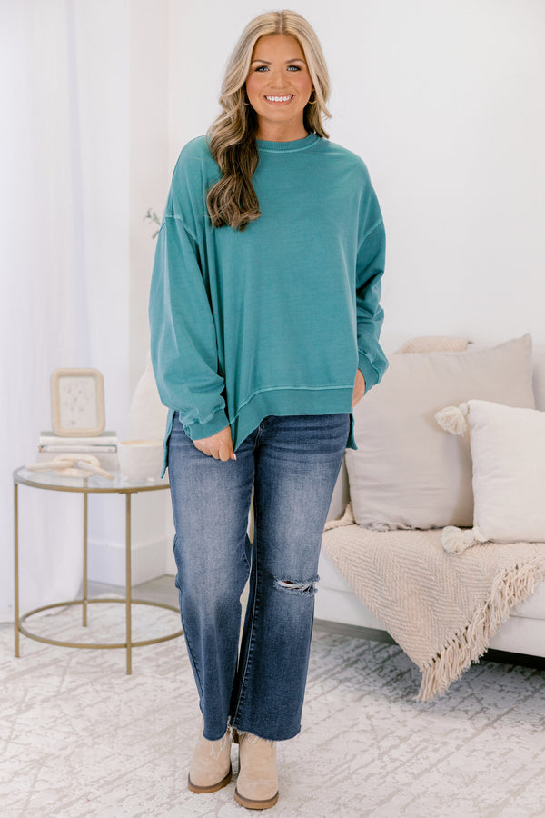 Chic Soul plus size clothing, teal long sleeve pullover with side slits