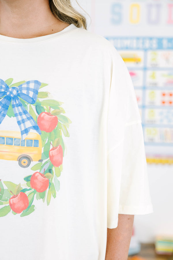 Plus Size ivory oversized boyfriend tee with a back-to-school wreath and bus graphic.