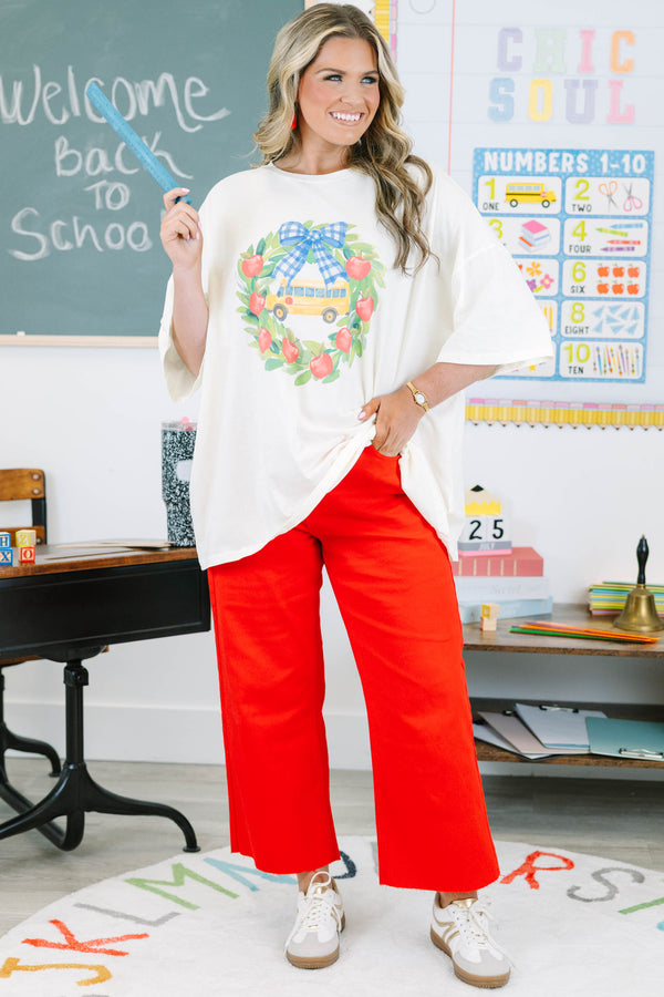 Plus Size ivory oversized boyfriend tee with a back-to-school wreath and bus graphic.