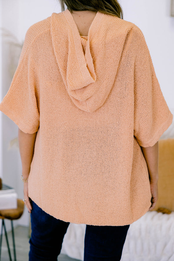 Chic Soul plus size clothing, short-sleeve papaya orange knit sweater top with a hoodie and a high-low hemline 