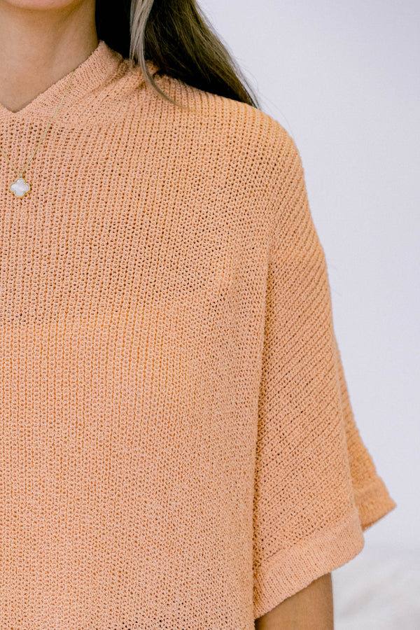 Chic Soul plus size clothing, short-sleeve papaya orange knit sweater top with a hoodie and a high-low hemline 