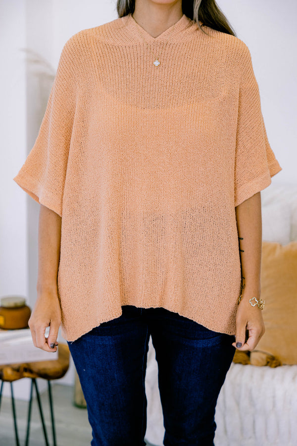 Chic Soul plus size clothing, short-sleeve papaya orange knit sweater top with a hoodie and a high-low hemline 