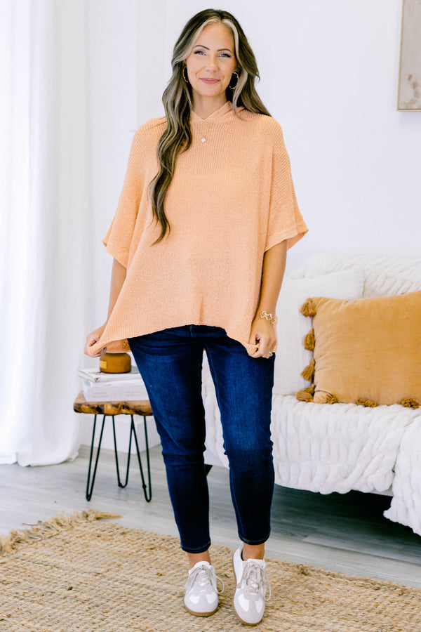 Chic Soul plus size clothing, short-sleeve papaya orange knit sweater top with a hoodie and a high-low hemline 