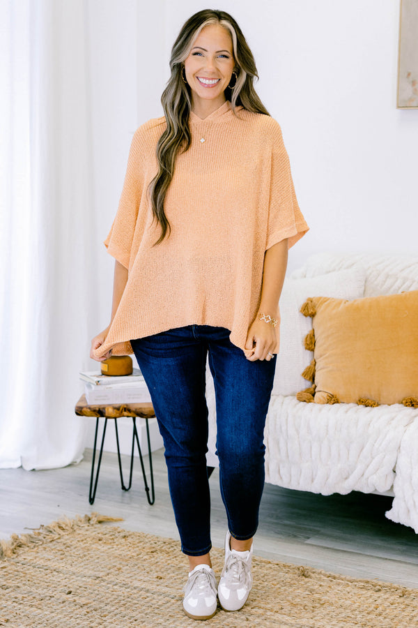 Chic Soul plus size clothing, short-sleeve papaya orange knit sweater top with a hoodie and a high-low hemline 