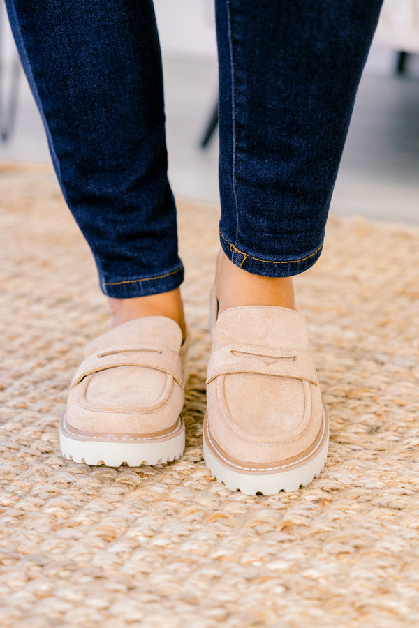 Chic Soul plus size clothing, taupe loafers with a white sole 