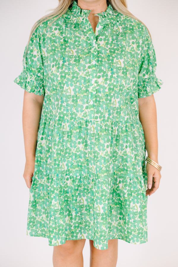 Chic Soul plus size clothing, puffed short sleeve green ruffled baby doll dress with smocked v-neckline and floral green and yellow pattern 