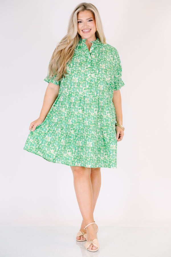 Chic Soul plus size clothing, puffed short sleeve green ruffled baby doll dress with smocked v-neckline and floral green and yellow pattern 