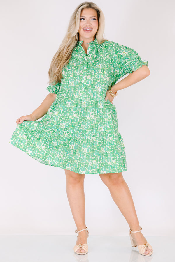 Chic Soul plus size clothing, puffed short sleeve green ruffled baby doll dress with smocked v-neckline and floral green and yellow pattern 