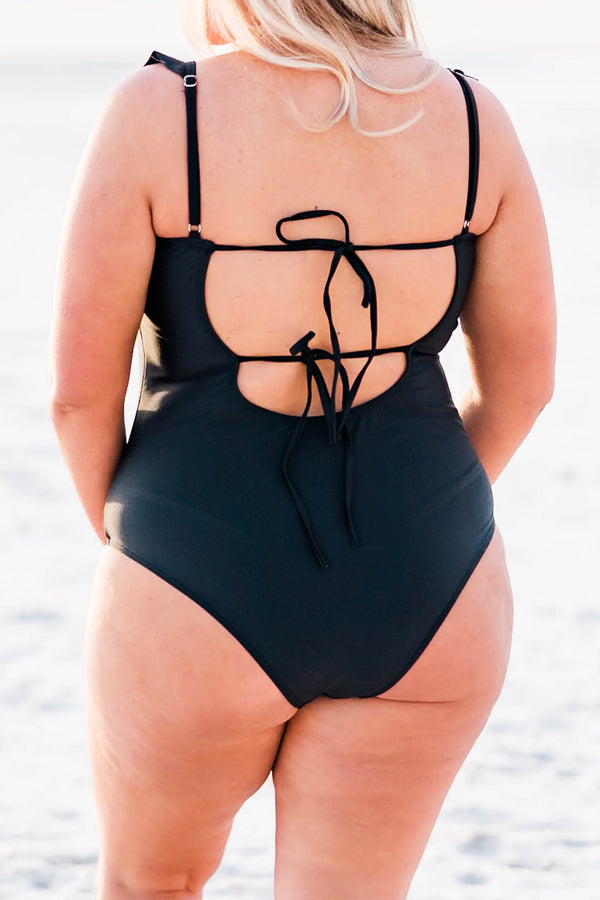 Chic Soul plus size clothing, black one piece swimsuit with ruffle detail on straps